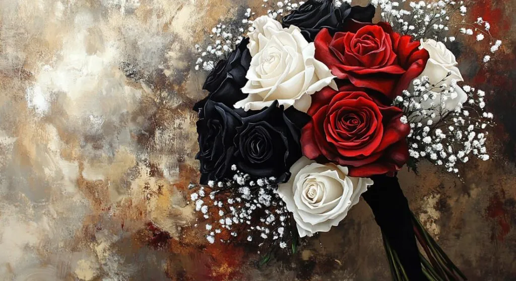 a bouquet of roses with black and white flowers