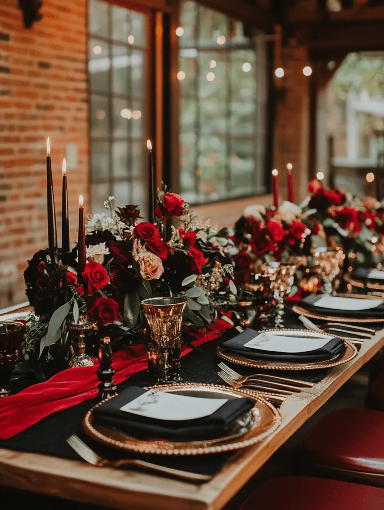 a table with a long table with a table set with flowers and candles